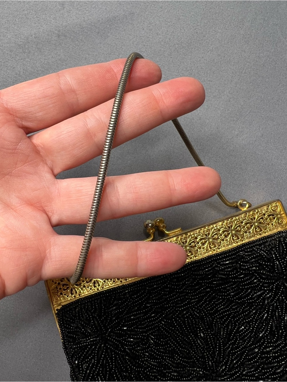 Vintage Black Beaded Evening Bag Gold Frame Wedding Clutch - Picture 5 of 10